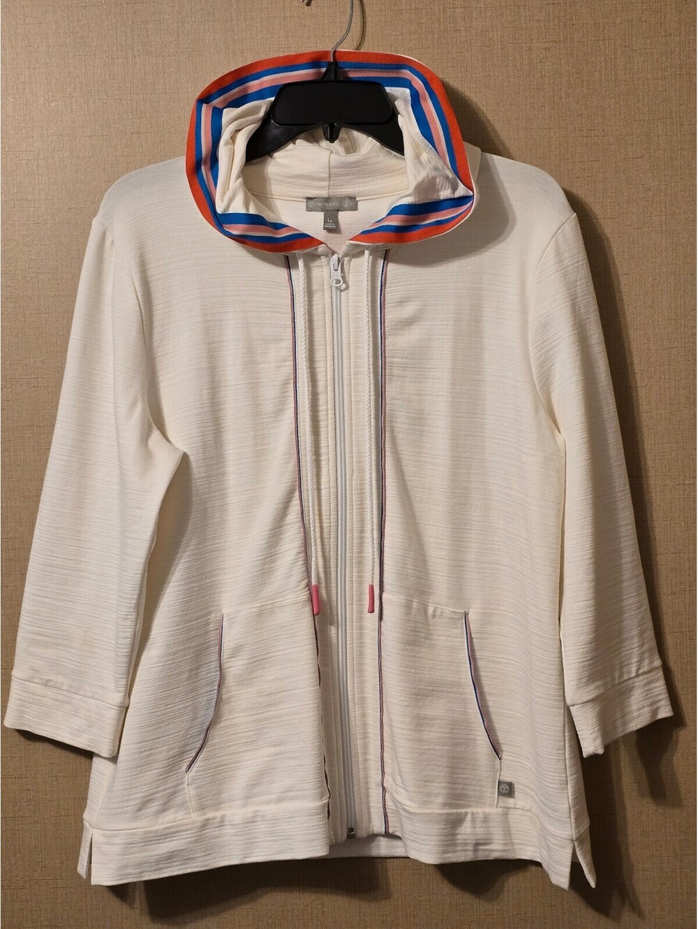 T by Talbots UPF 50+ Striped Trim Terry Full Zip Hoodie Jacket Large Petite